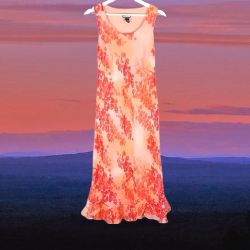 Believe Ombre Floral Sleeveless Ruffle Hem Vintage Dress in Peach, Size 6